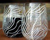 White Peacock Feather Stemless Wine Glasses--Set of 4 Hand Painted Glasses
