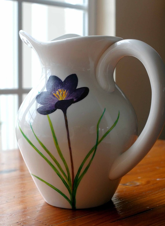 Your Mother's Favorite Spring Pitcher - Hand Painted Limited Edition Mothers Day GIft - Purple Crocus Flower