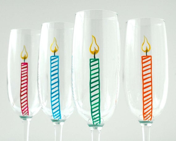Happy Birthday Candle Champagne Flutes--Set of 4