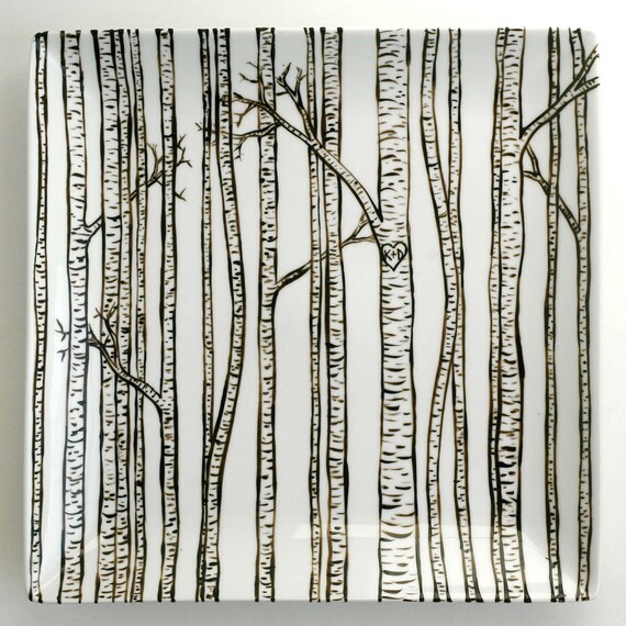 Birch Trees Hand Painted Personalized Wedding and Anniversary Porcelain Platter