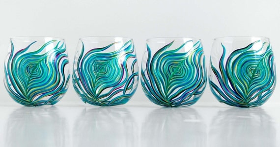 Peacock Stemless Wine Glasses--Set of 4 Hand-Painted Glasses