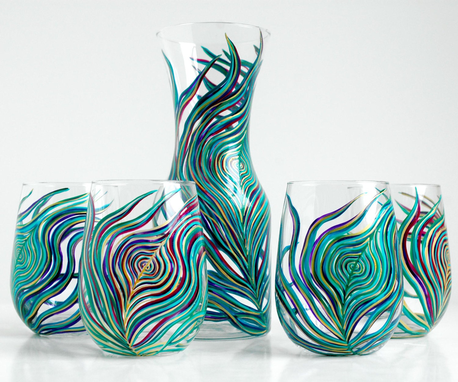 Regal Peacock Feather Stemless Wine Glasses and Carafe--5 Piece Collection Hand-Painted
