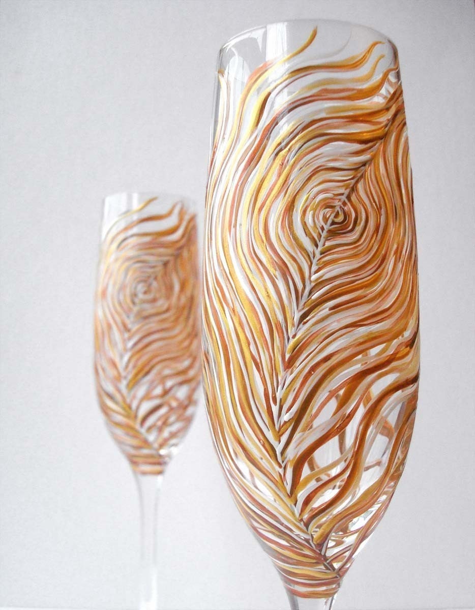 Albino Peacock Feather Wedding Champagne Toasting Flutes--Set of 2 Personalized Flutes