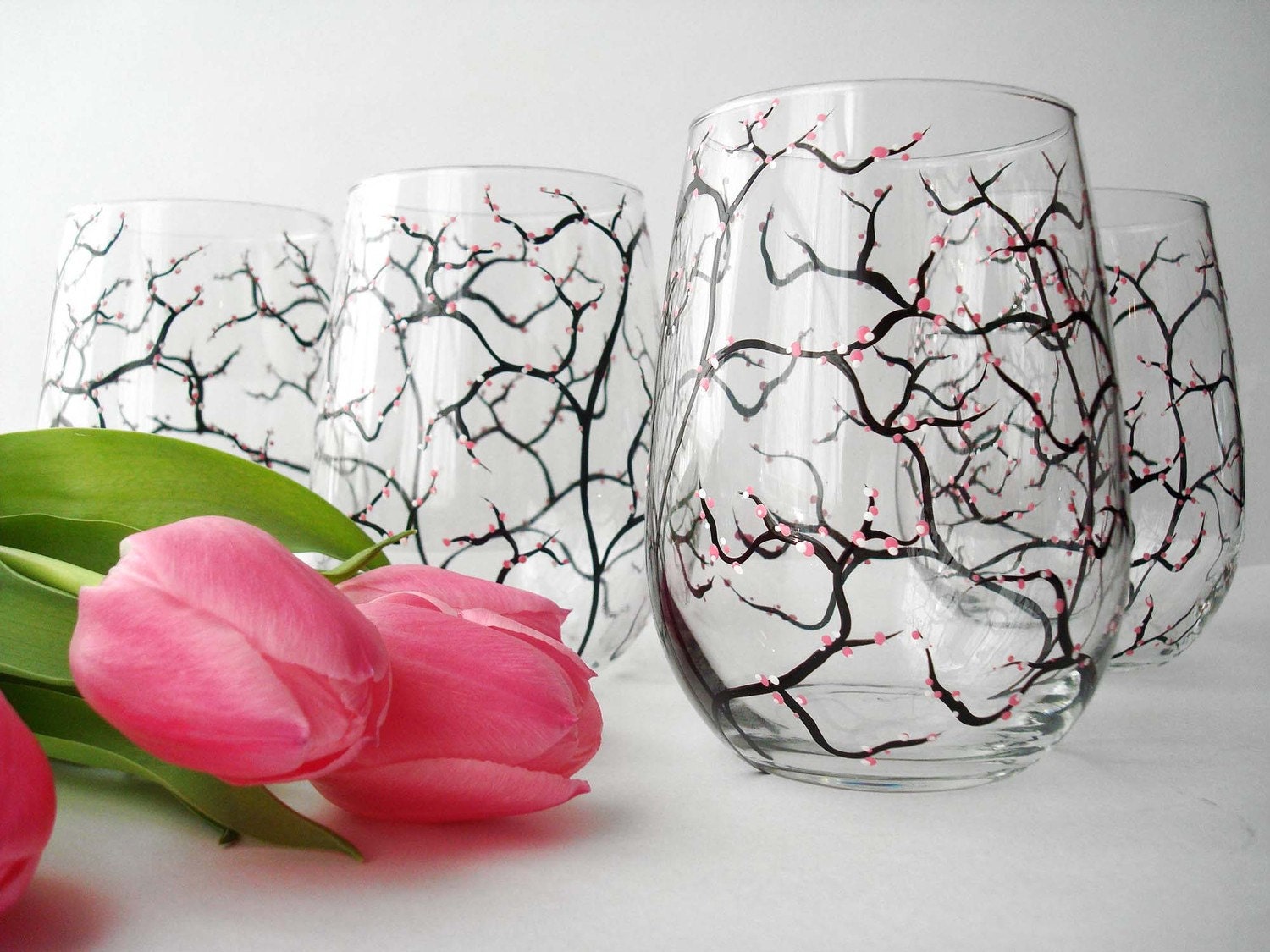 Pink Cherry Blossom Wine Glasses - Set of 2 Hand Painted Stemless Glasses - Mothers Day Gift