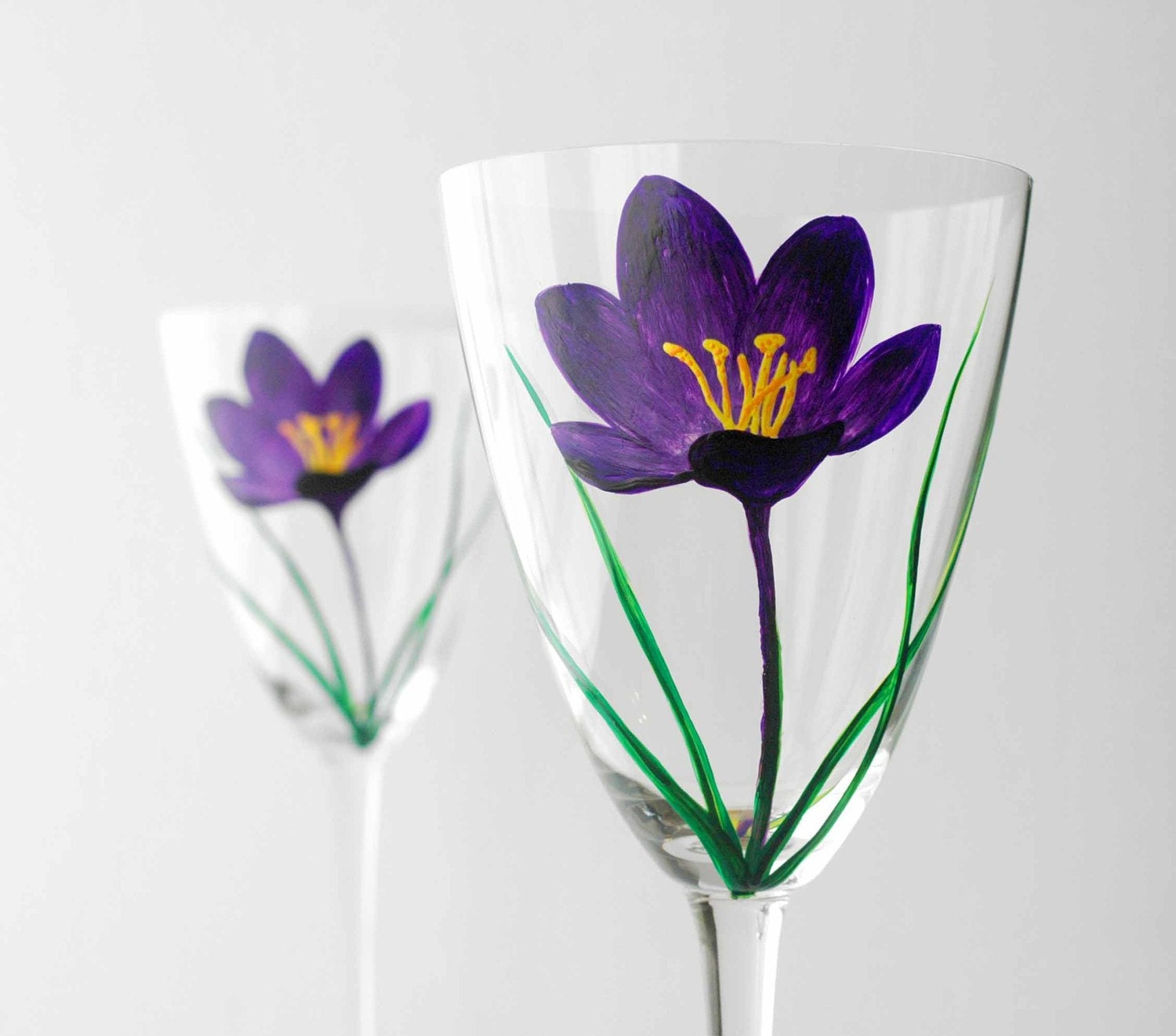 Purple Crocus Flower Hand Painted Wine Glasses - Limited Edition for Mothers Day