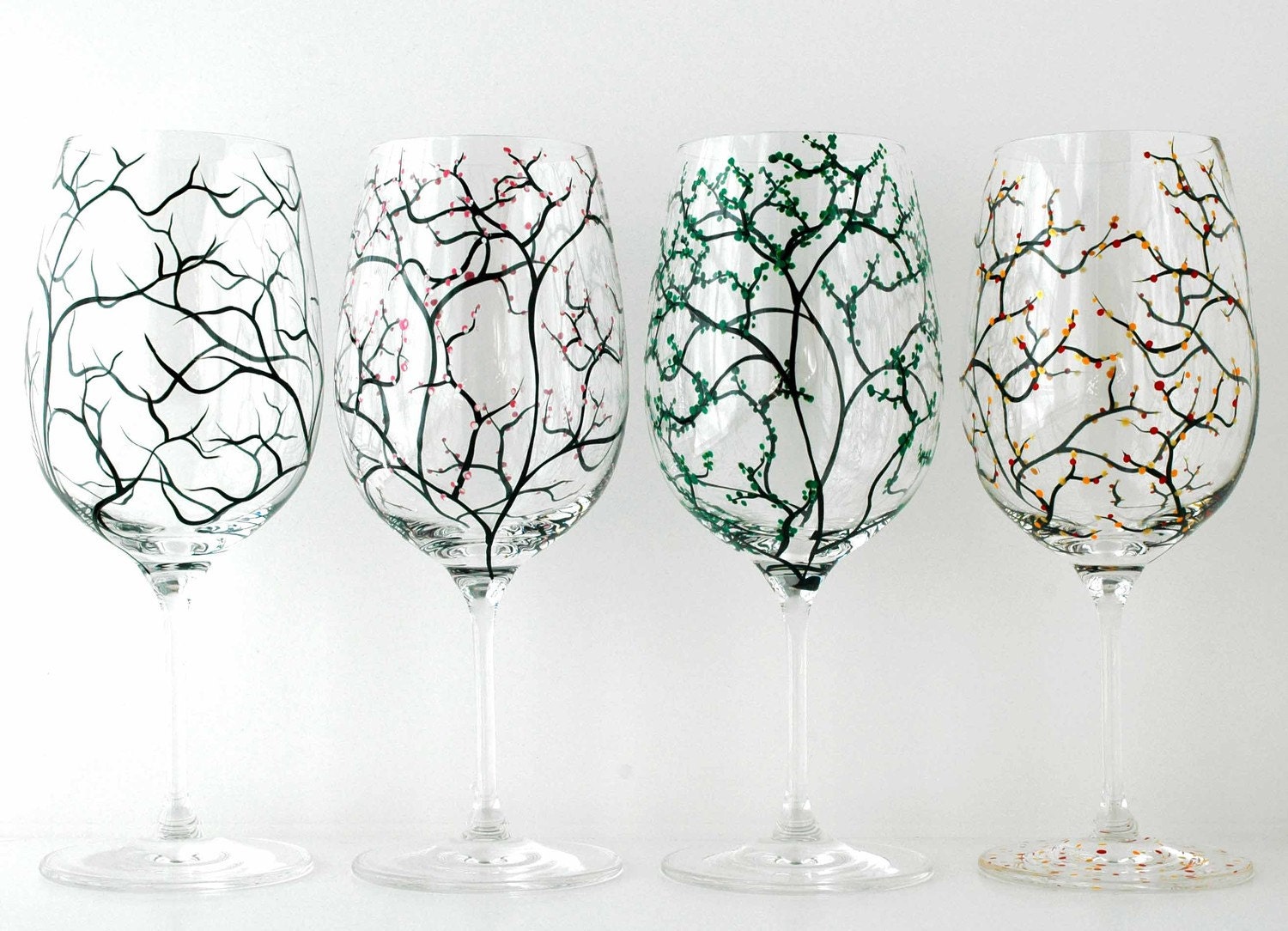 The Four Seasons Wine Glasses--Set of 8 Hand Painted Glasses