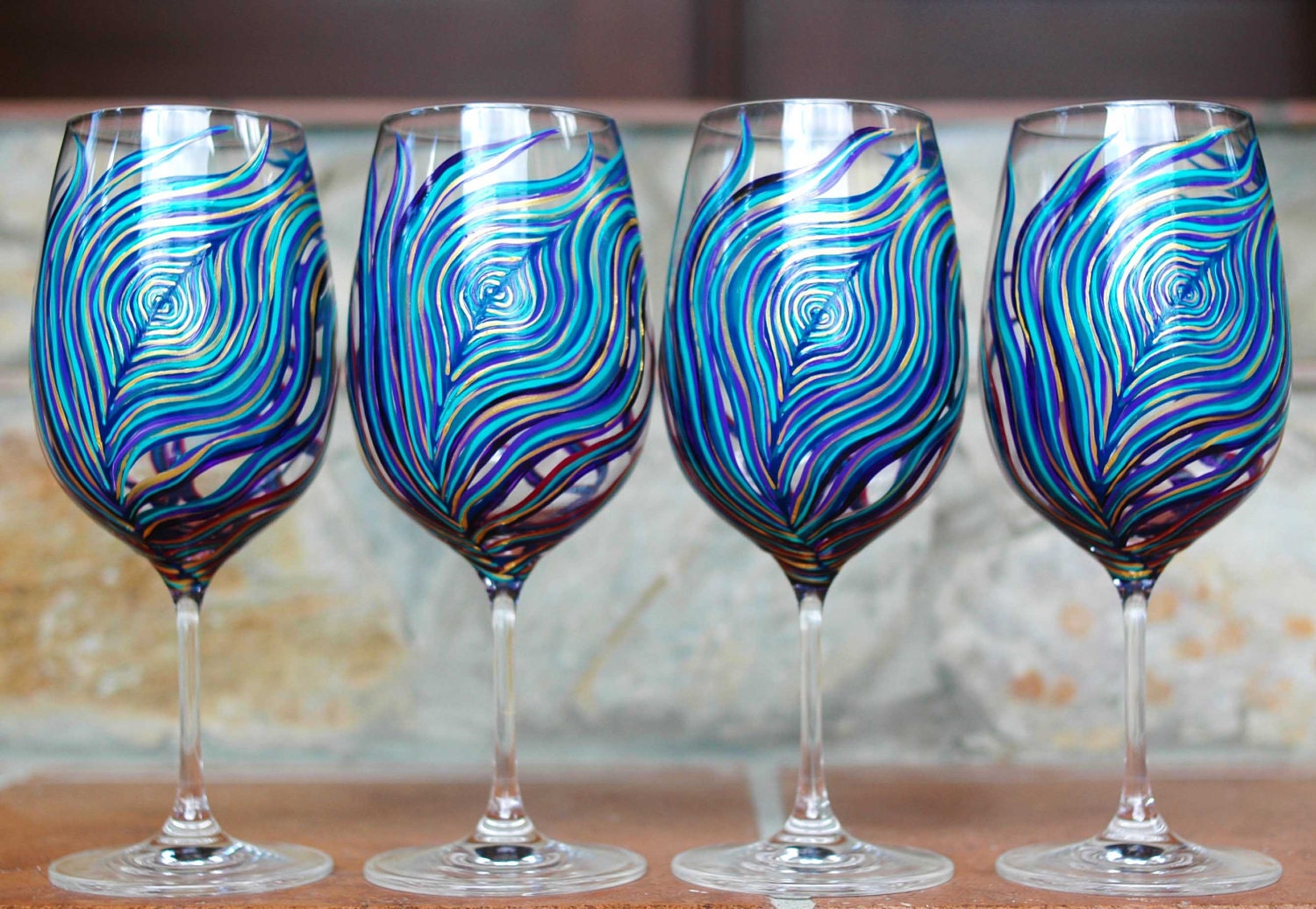 Peacock Wine Glasses -- Set of 2 Hand Painted Peacock Feather Glasses in Amethyst and Sapphire