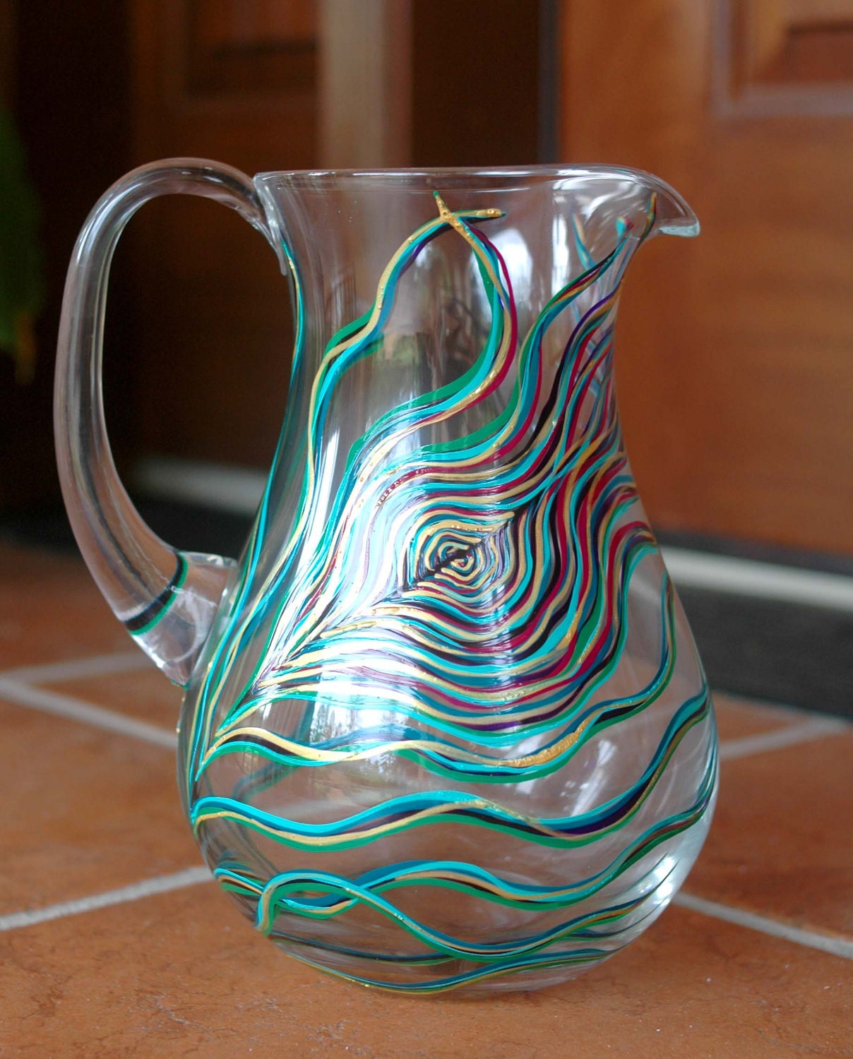 Peacock Feather Pitcher--Hand Painted Glass--Limited Edition