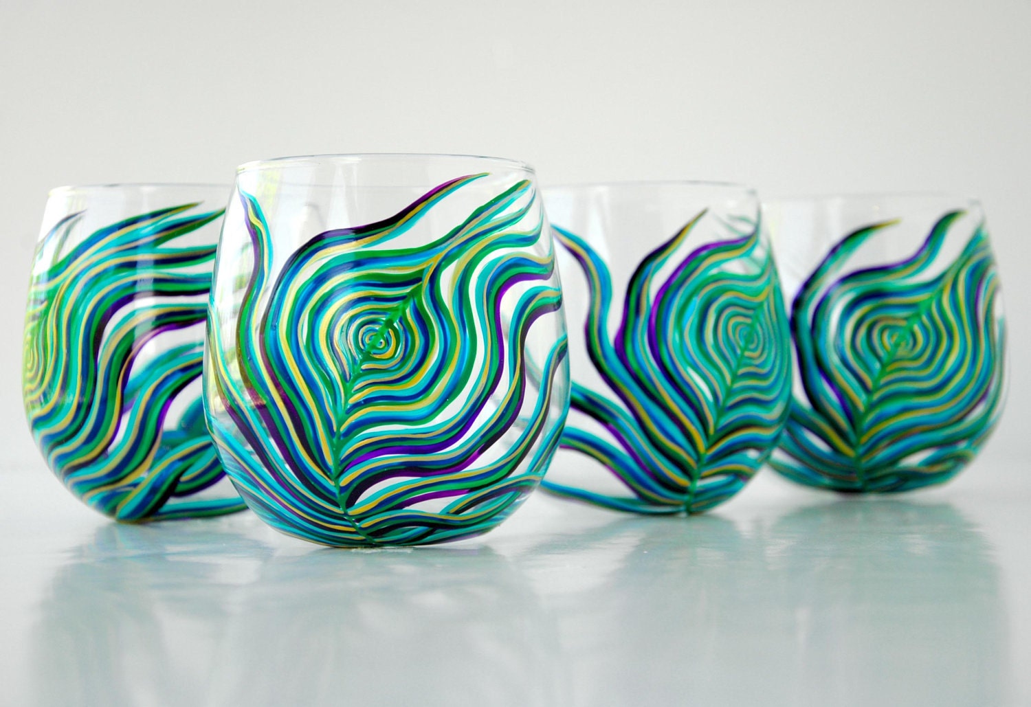Peacock Stemless Wine Glasses--Set of 4 Hand-Painted Glasses