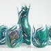 Regal Peacock Feather Stemless Wine Glasses and Carafe--5 Piece Collection Hand-Painted