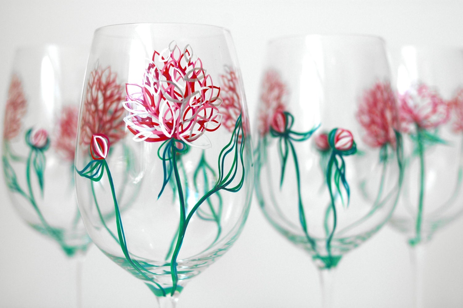 Pink Peonies Wine Glasses--Set of 4 Hand-Painted Glasses