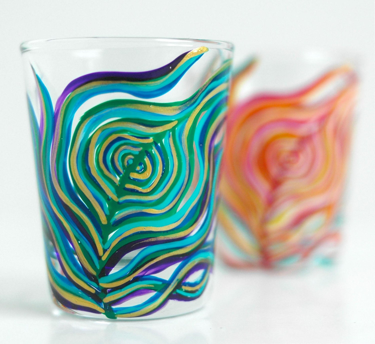 Yin and Yang Peacock Feather Shot Glasses-Set of 2 Hand Painted Shot Glasses