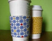 Reusable Reversible Coffee Sleeve - Blue tile with yellow dots