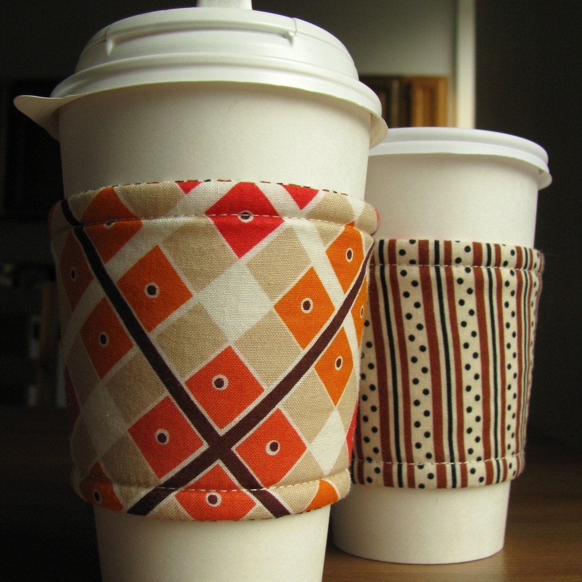 Reusable Reversible Coffee Sleeve - Orange and brown argyle with stripes