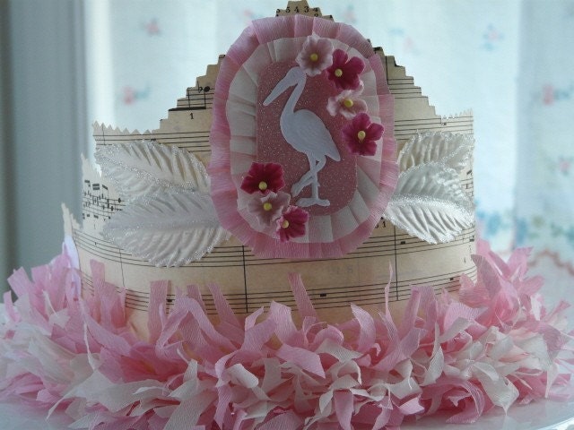Vintage Inspired Boutique Baby Shower, tea party, Mom to Be custom crown, party hat with baby carriage, stork your choice pink, blue