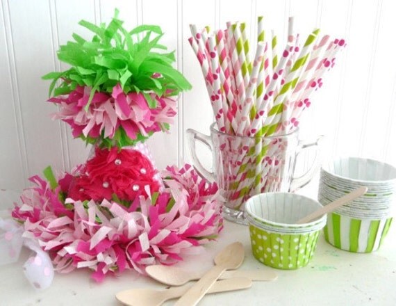 Preppy Pinks Vintage Inspired Birthday Cupcake Party Hat Package/Kit includes pink/green paper straws, baking/ice cream/favor cups Il_570xn