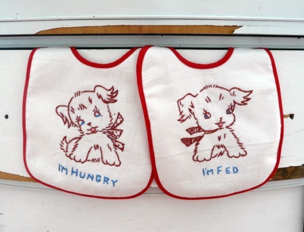Boutique All Cotton Vintage Inspired Retro Puppies 2 piece Gift Embroidered Baby Bib Set, I'm Hungry , I'm Fed Il_570xn