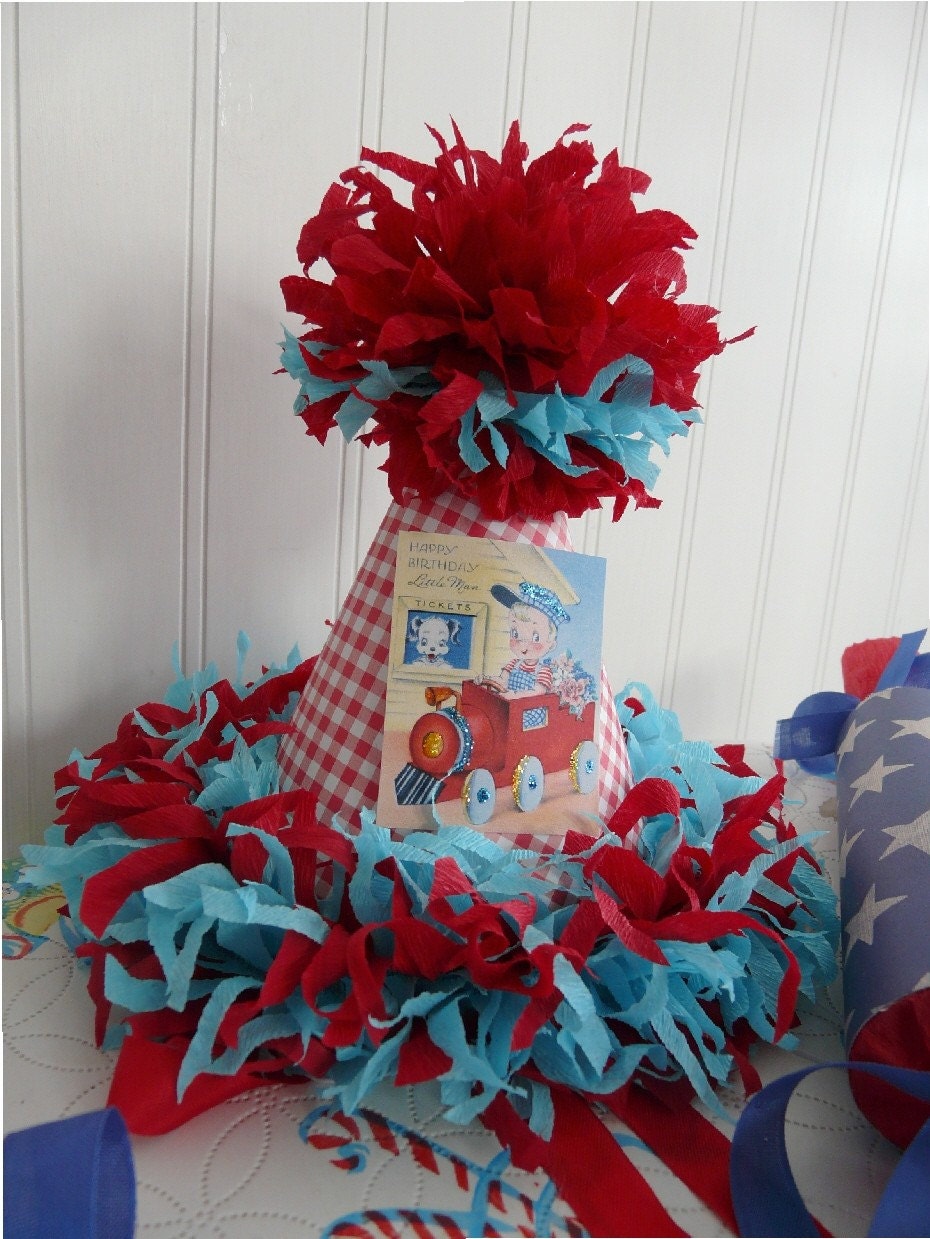 Vintage Train Birthday Party Package, Birthday Party Crepe Paper Hat, Banner, Guest Hats, Cracker Party Favors
