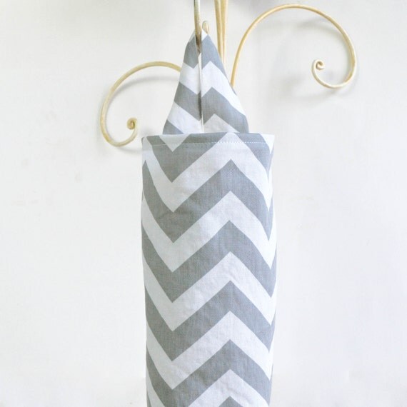 Fabric Cloth Plastic Grocery Bag Holder Chevron Grey White