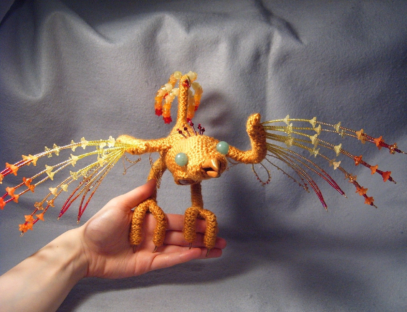Pyrria, OoaK poseable crocheted and beaded pyre bird