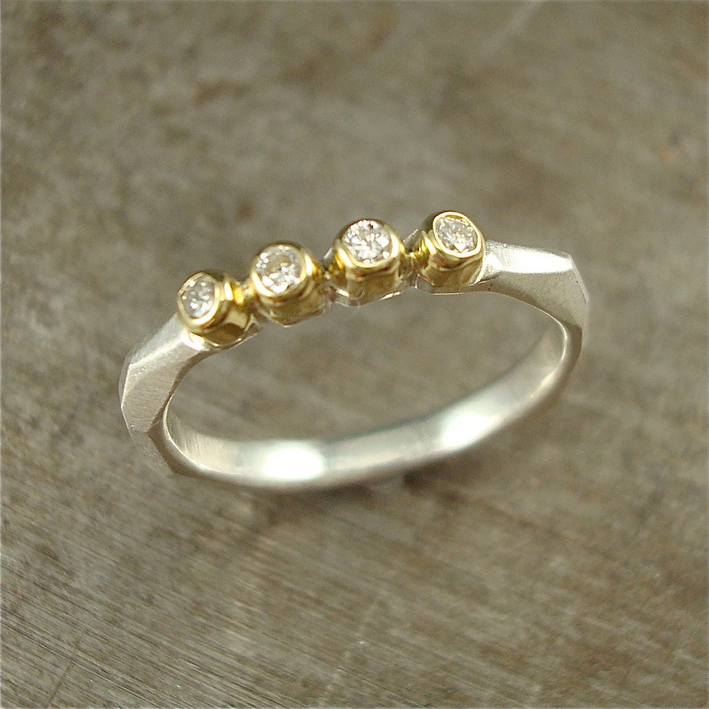 Four Diamond Chiseled Ring - sterling, 18k gold and diamond