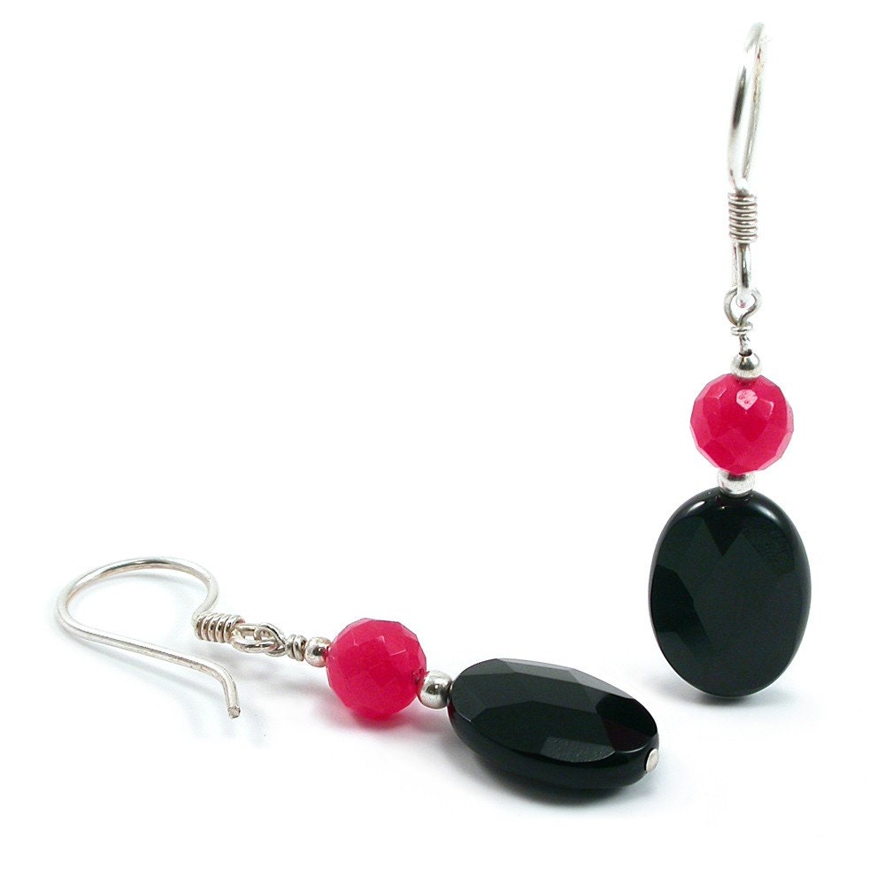 Earrings: Black Onyx, Ruby Red Jade, Sterling Silver Dangles.  Artisan Jewelry by SilviaMaciasDesigns on Etsy