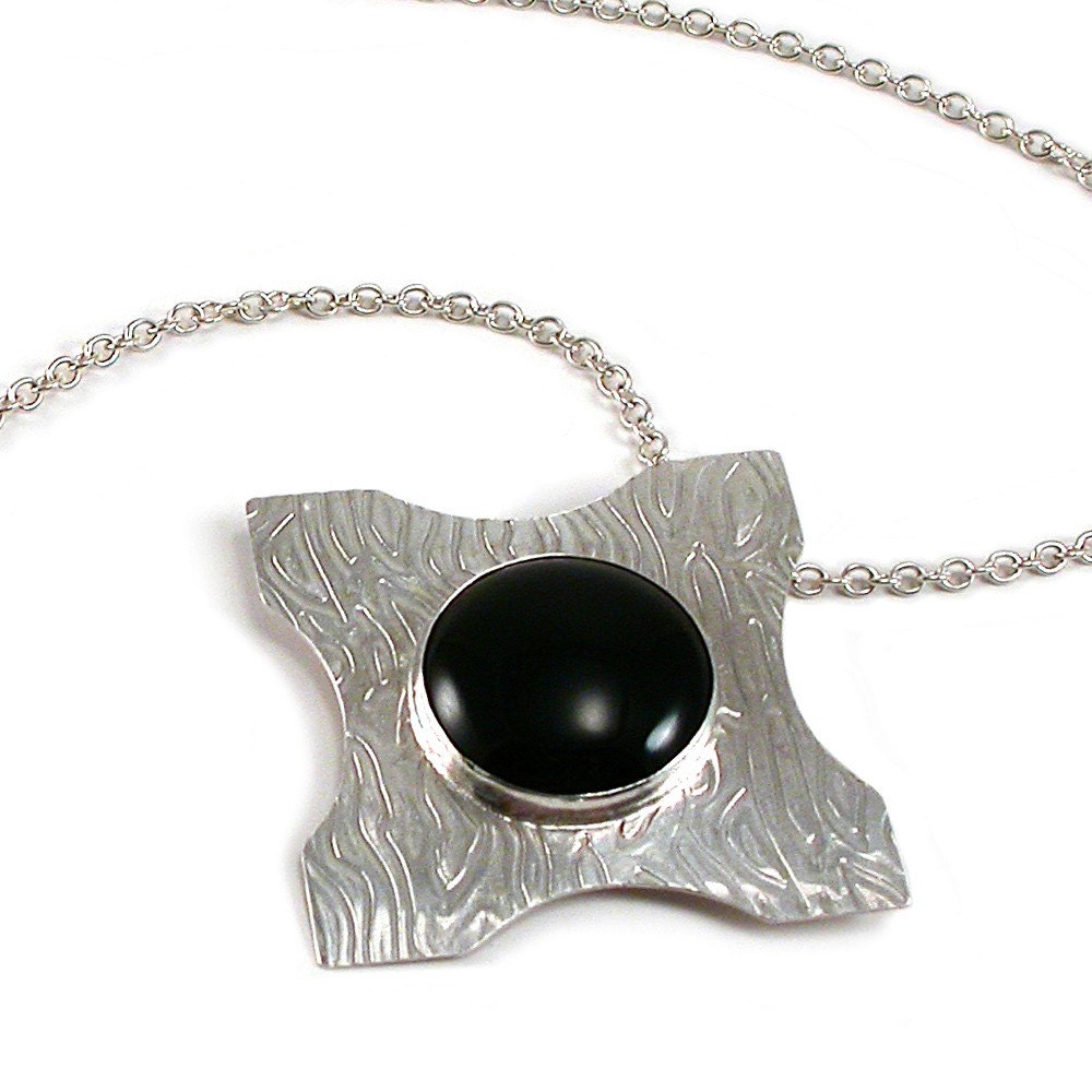 Necklace: Black Onyx, Sterling Silver, Textured, Bezel Set Cross.  Artisan Jewelry by SilviaMaciasDesigns on Etsy