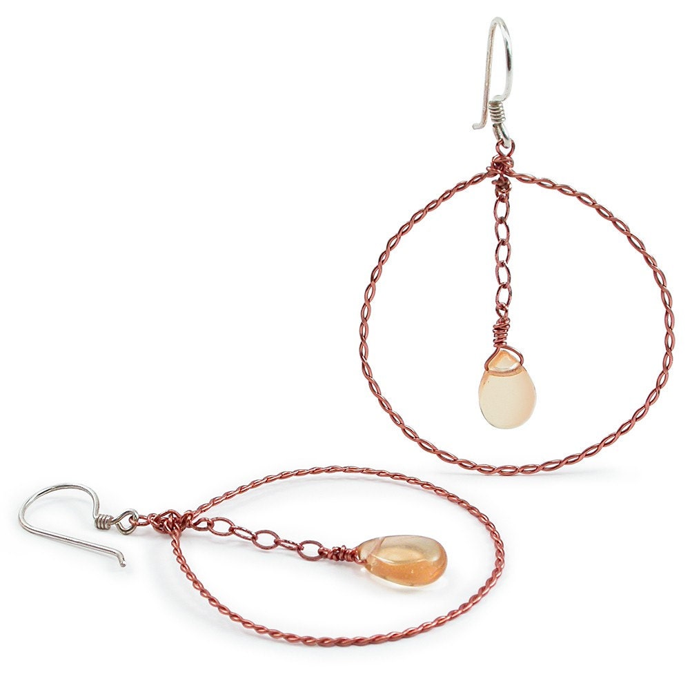 Earrings: Citrine, Copper and Sterling Silver, Twisted Hoops.  Artisan Jewelry by SilviaMaciasDesigns on Etsy