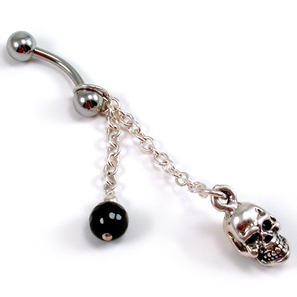 Belly Ring: Skull, Sterling Silver, Black Onyx, Beaded Dangle. Artisan Jewelry by SilviaMaciasDesigns on Etsy