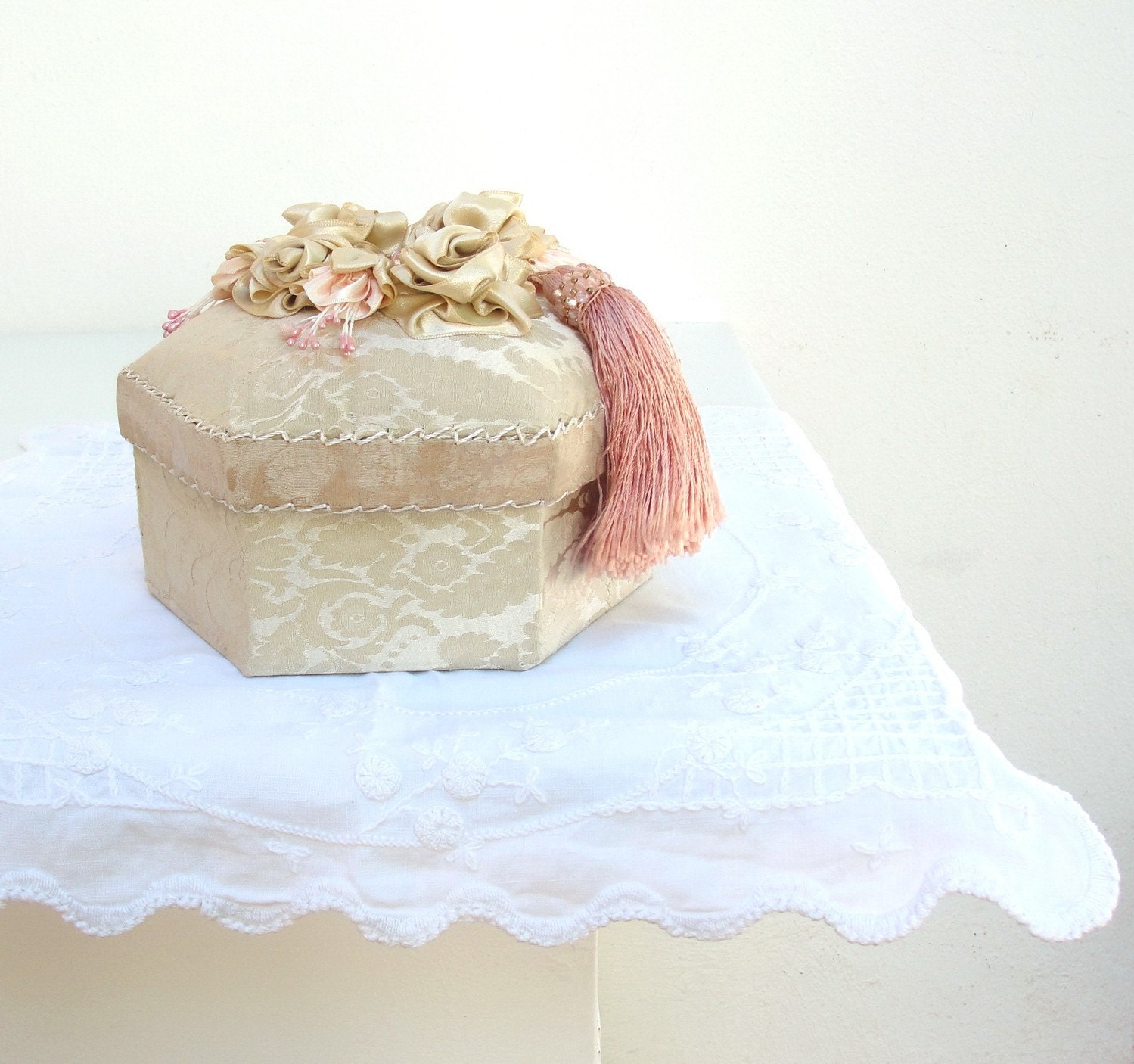 Ribbon Embroidered Box Totally Hand Made Hexagonal Box