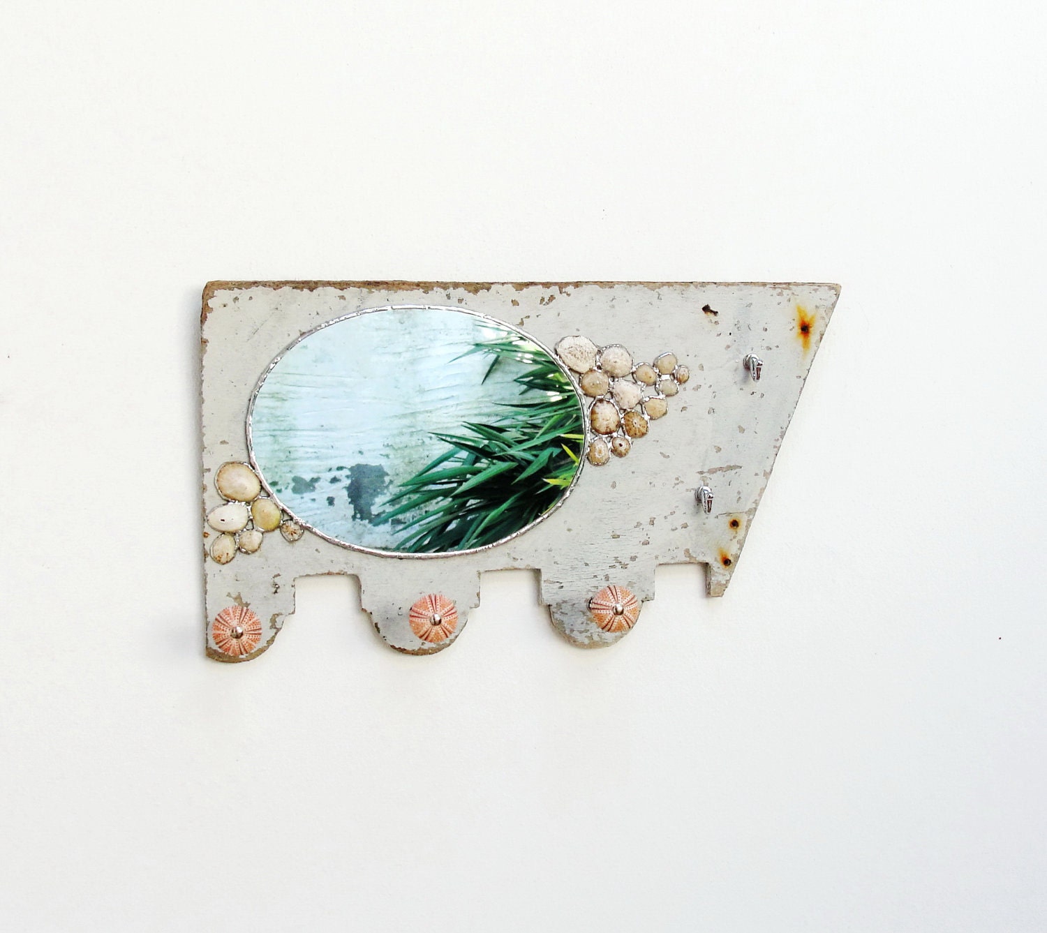 Sea Mirror and Jewelry Rack Holder - Soldered Limpet Shells, Metal, Driftwood, Sea Urchins and Mirror