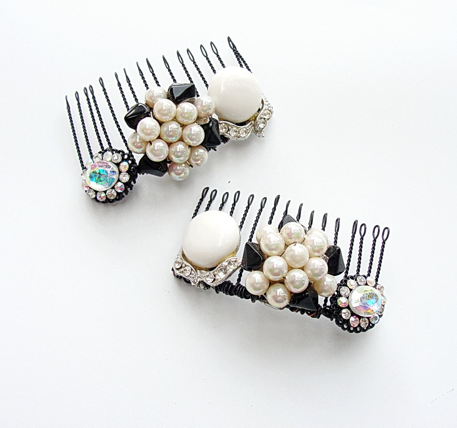 Black and White Hair Combs with Vintage Treasures