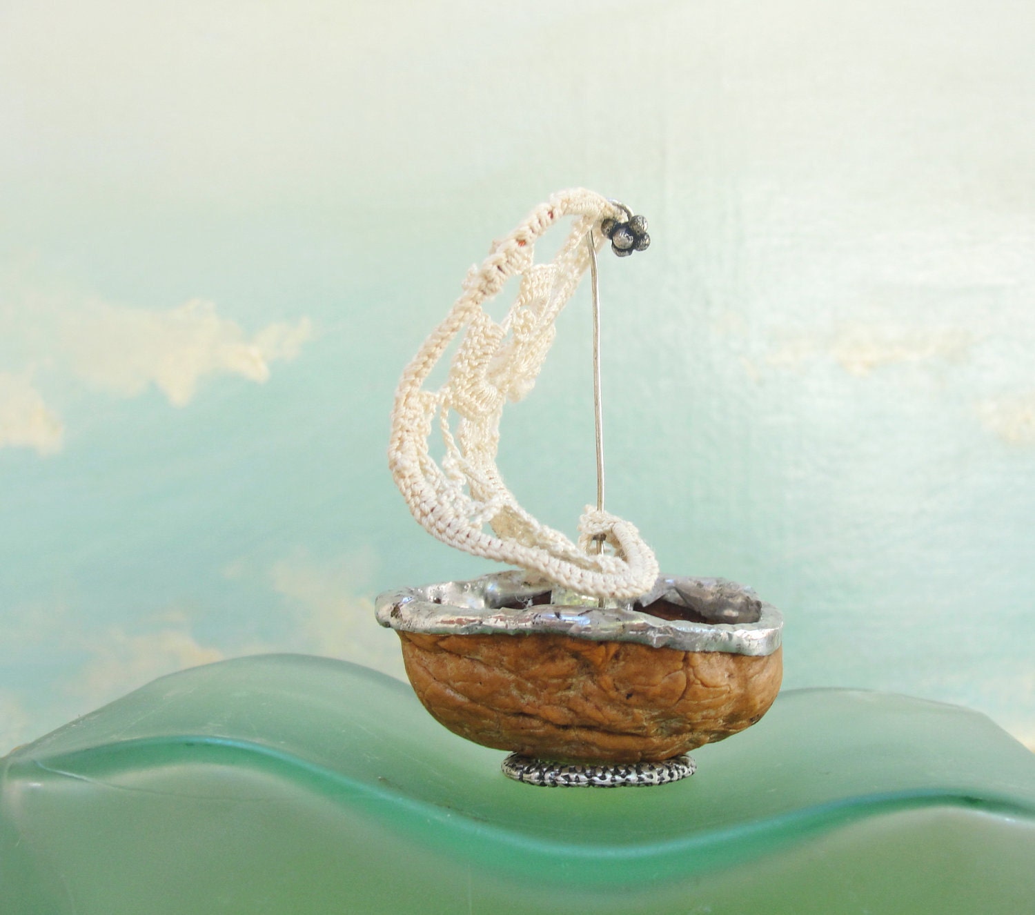 Thumbelina Walnut Sailboat - Vintage Doily, Walnut, Soldering