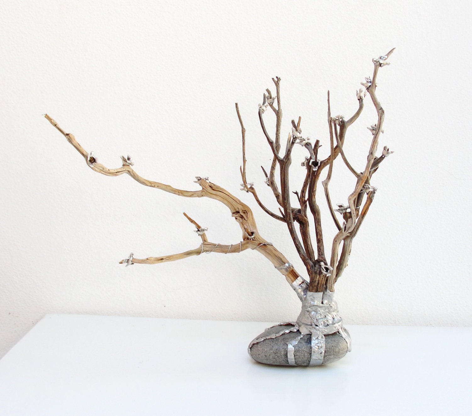 The Birds Tree - Wood Branches Metal Birds and Roots