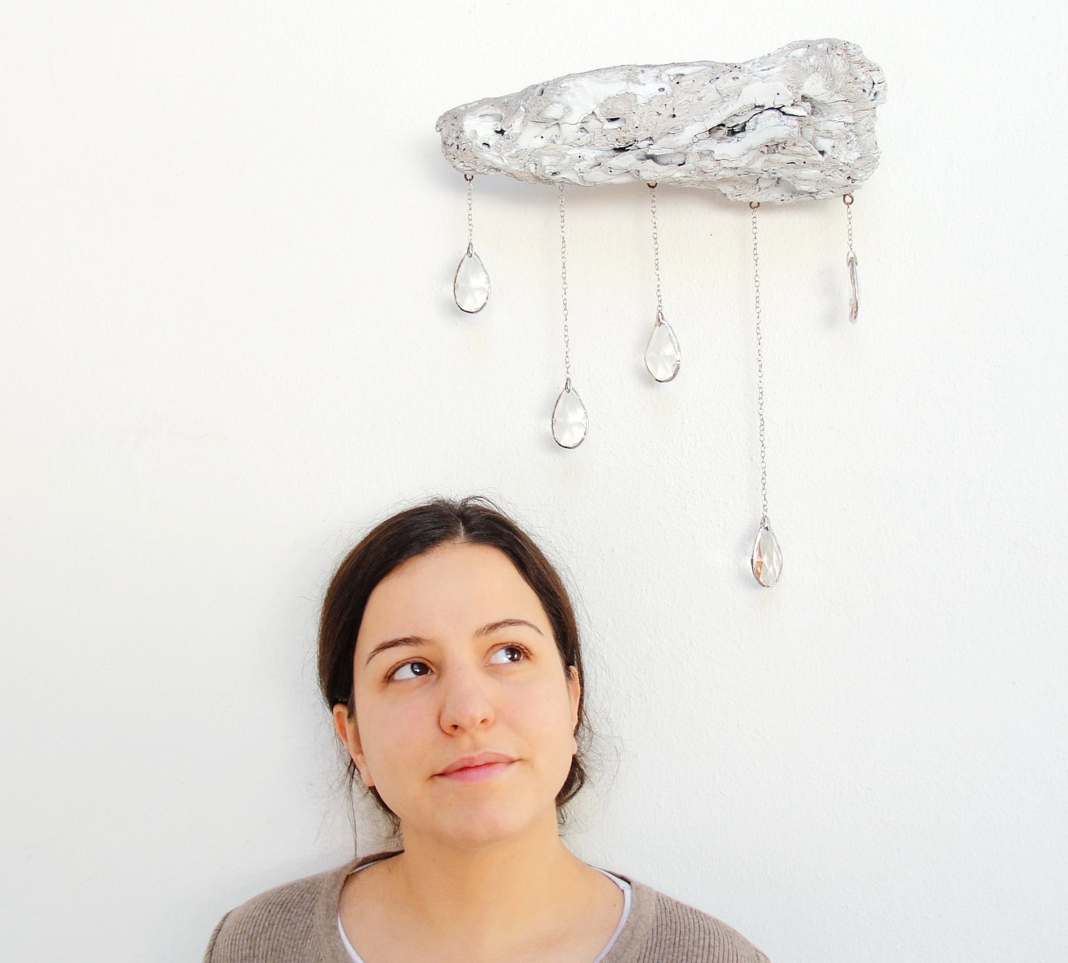 Driftwood Cloud with Vintage Crystal Raindrops - Wall Hanging