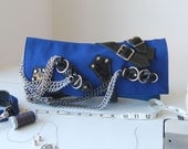Blue leather and canvas clutch and shoulder bag with patent black leather straps, handmade.