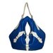 bright blue and cream leather tote bag with strap detailing, handmade