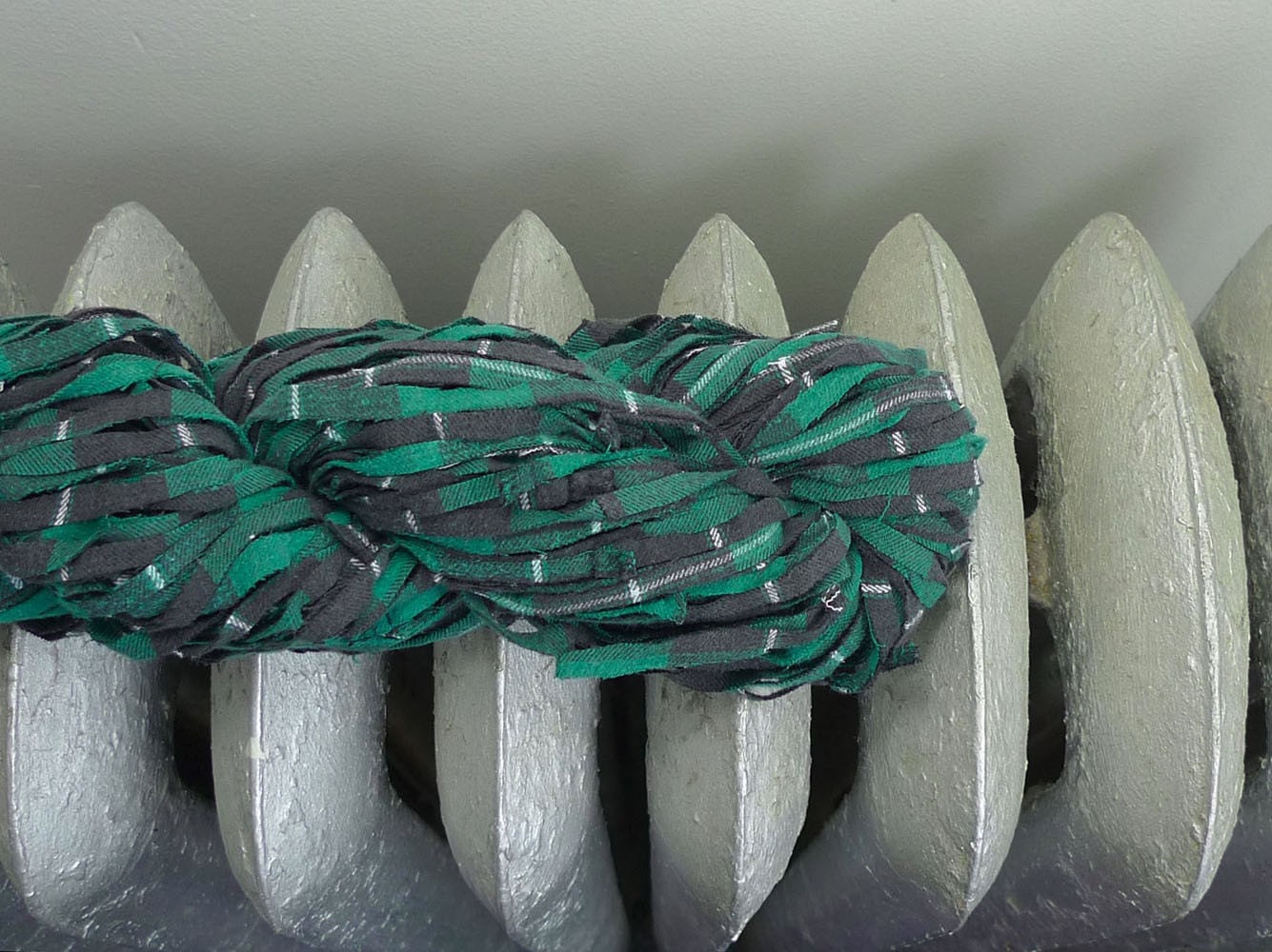 Bulky Recycled Flannel Yarn, Green Plaid