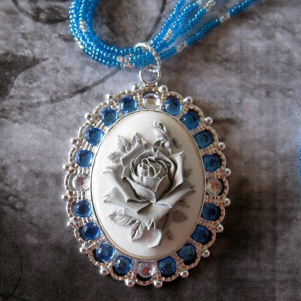 Silver And Sapphire 4 Strand Hand Beaded Rhinestone Cameo Rose Necklace .The Fairy.Garden.By.The.Ocean.