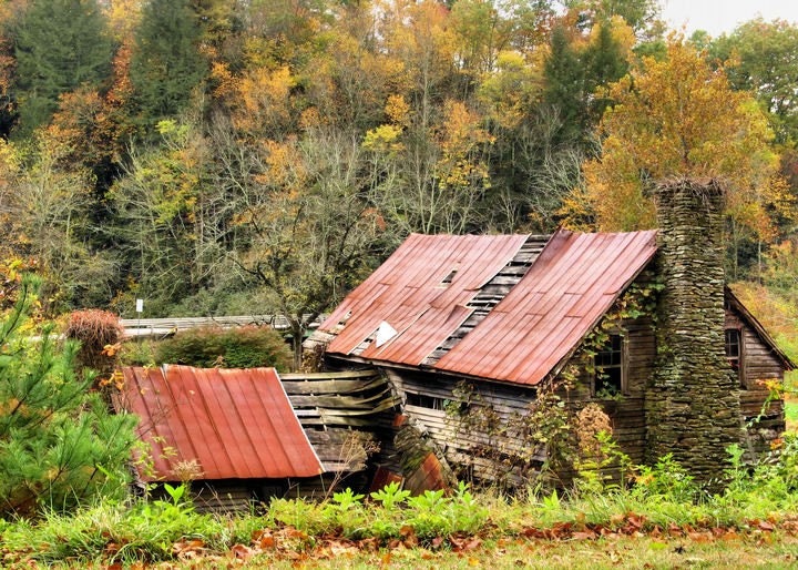 Abandoned farm house photography NC Autumn Fall colors brown green orange Mountain Landscape Wall art 5 x7 print Metallic Paper In Stock