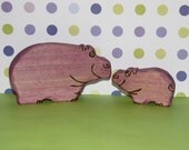 Waldorf Inspired Kids Play Wooden Mama Hippopotamus and Baby Hippo Set