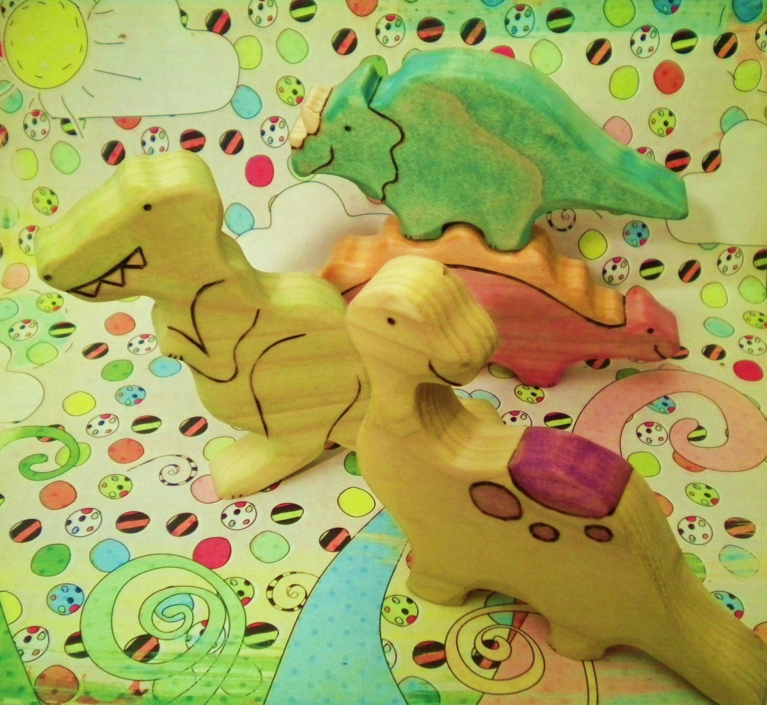 Waldorf Inspired Kids Wooden Dinosaur Toy Play Set