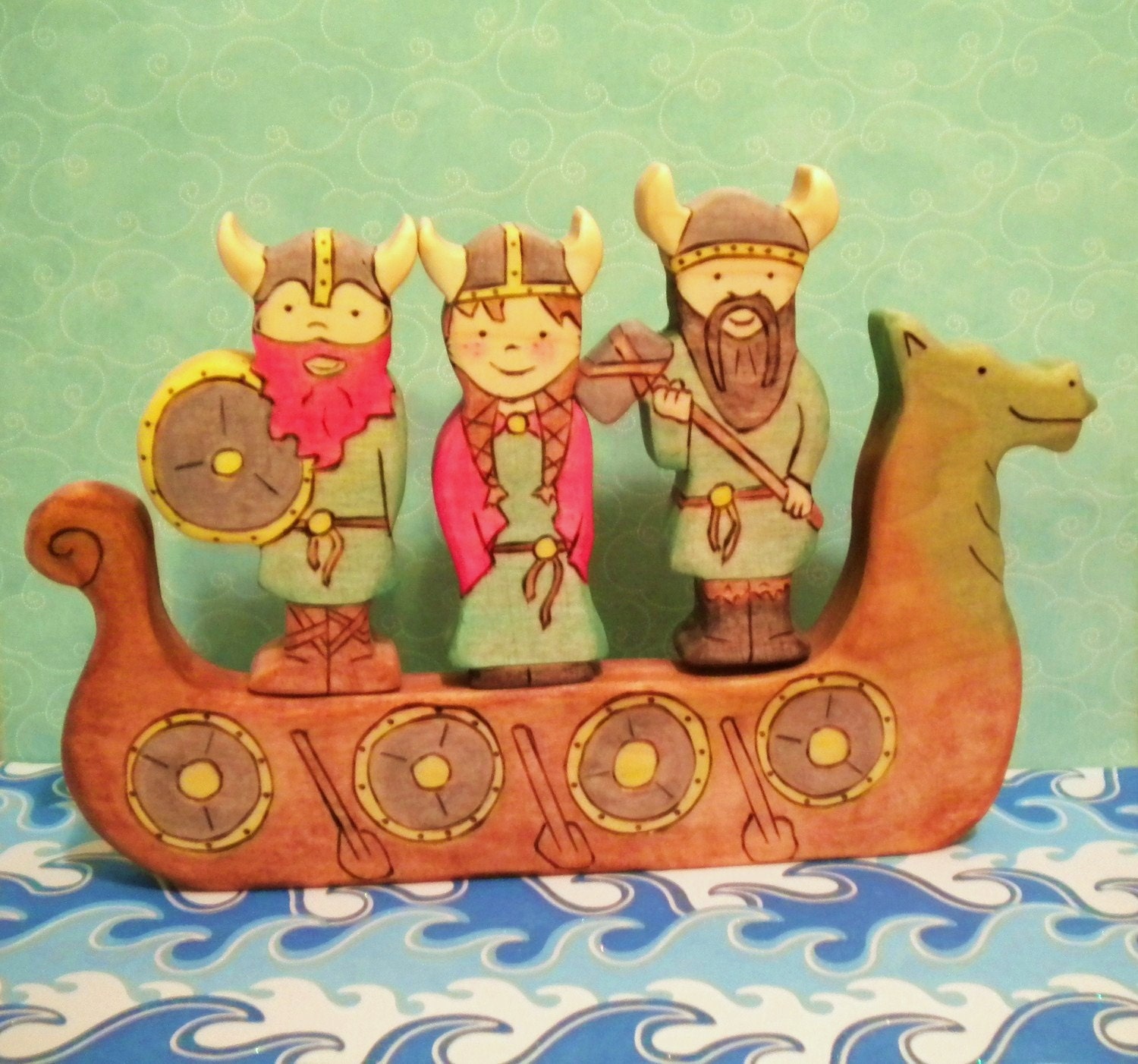 Waldorf Inspired Children's Wooden Viking Ship Play Toy Set
