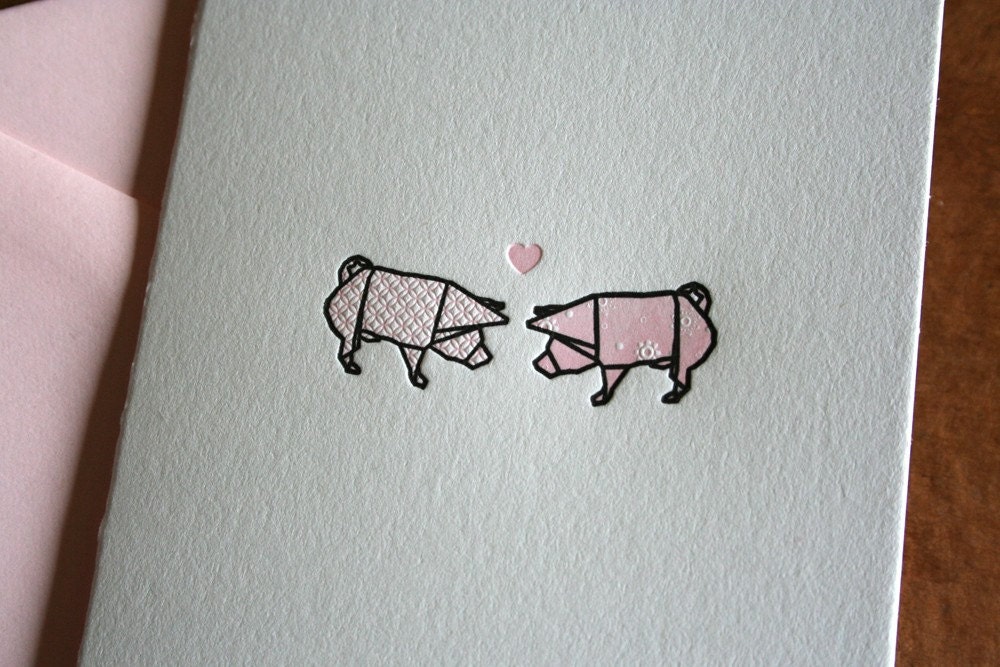 Letterpress Printed Origami Pigs in Love - single