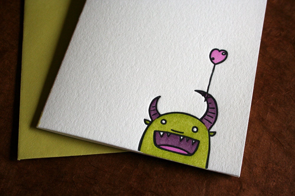 Letterpress Printed Little Green Monster Card - Single