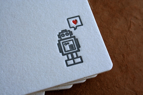 Set of 12 - Letterpress Printed Robot with Heart Coasters