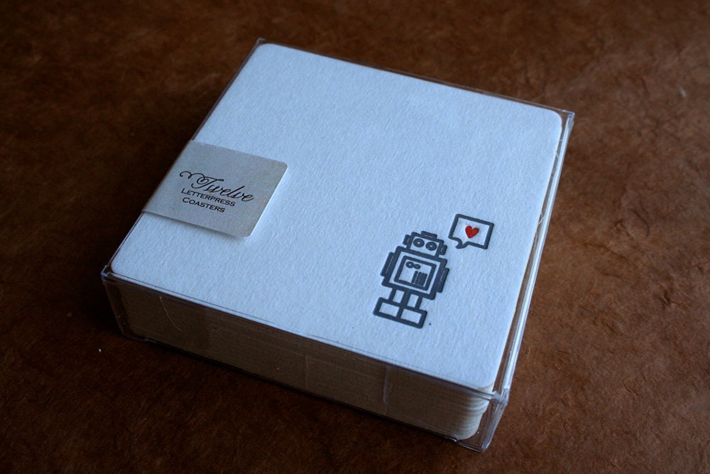 Set of 12 - Letterpress Printed Robot with Heart Coasters