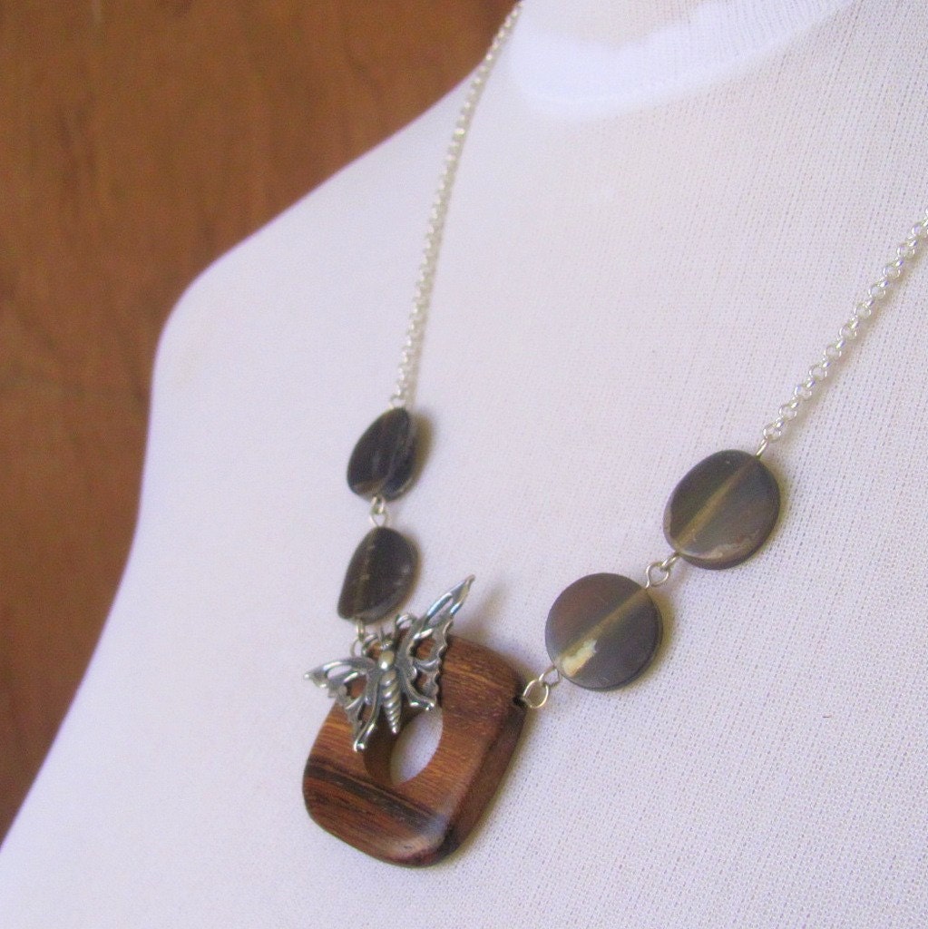 Butterfly Wooden Beaded Necklace with Grey Bone Beads