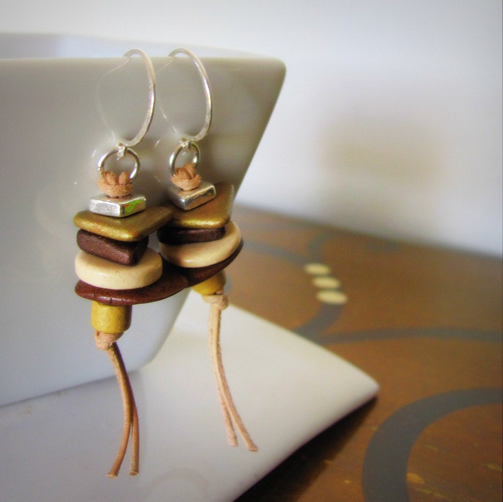 Latte Earrings - Leather and Ceramic Beads