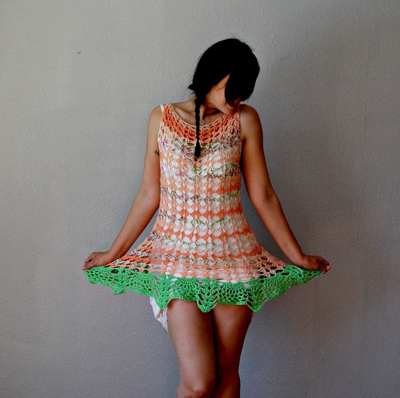 vintage CROCHET dress / 1960s bohemian OPEN STITCH knit dress